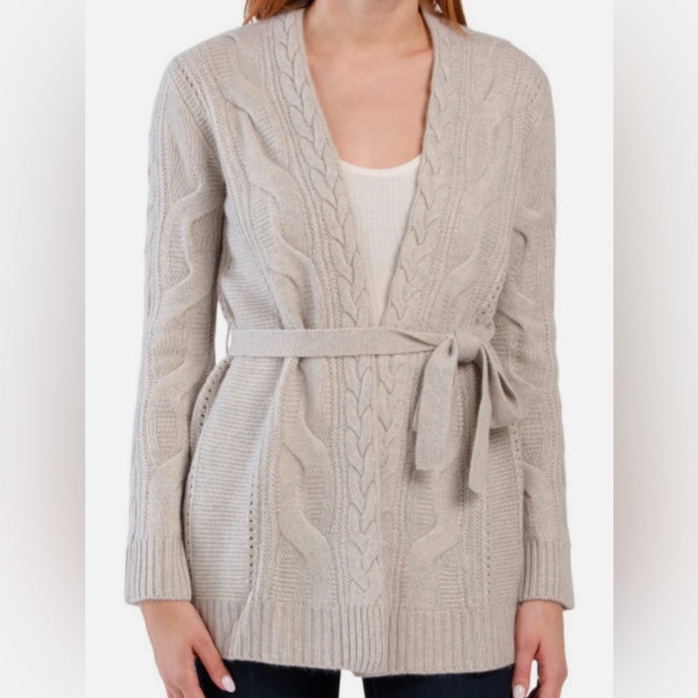 Rachel Zoe Taupe Cable Knit Cardigan Sweater 100% 2 PLY Cashmere Belted Sz Small
